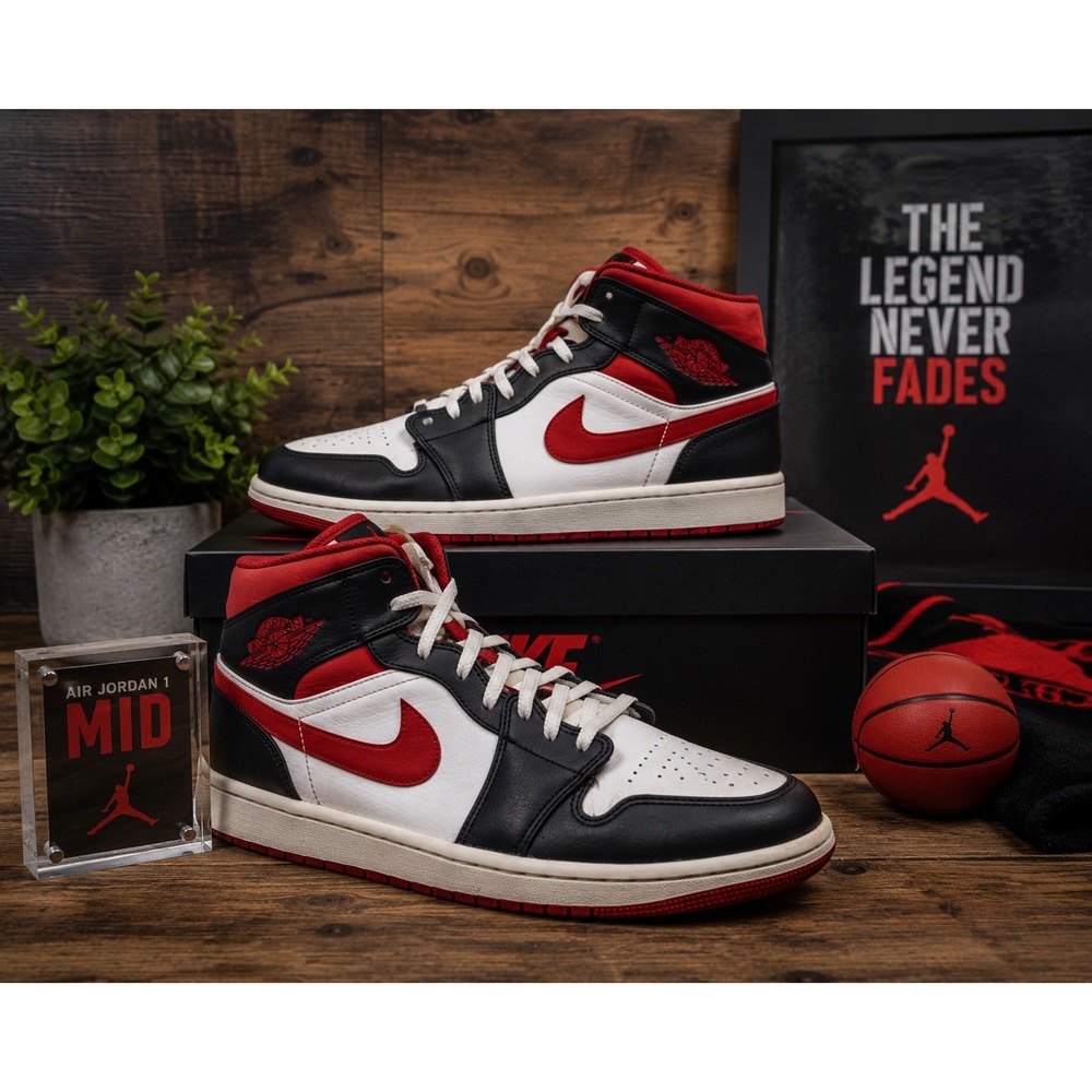 Nike Air Jordan 1 Mid White Gym Red Black Men's Size 11.5 Sneakers 554724-122